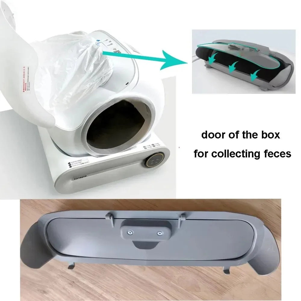 Waggy Tail smart cat litter box replacement accessories including pad, bin, door, and filter, for easy cleaning and maintenance