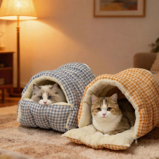 Winter Warm Cat Bed - Large Winter Sleeping Bag Suitable for Adult Cats or 2 Kittens Removable Multi-Use Enclosed Bed with Cover