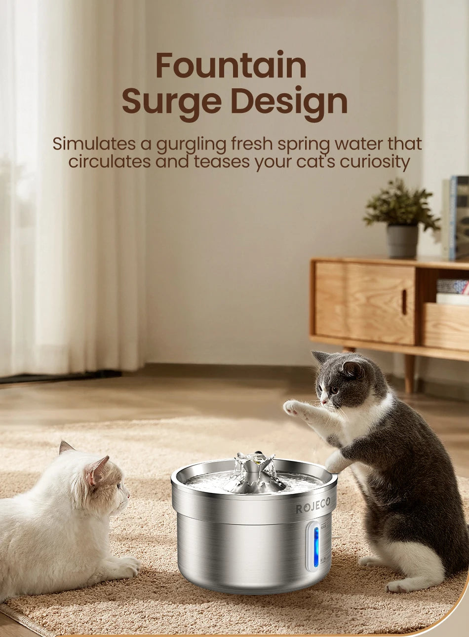 ROJECO Stainless Steel Pet Water Fountain – Smart Dispenser with Pump for Cats & Dogs