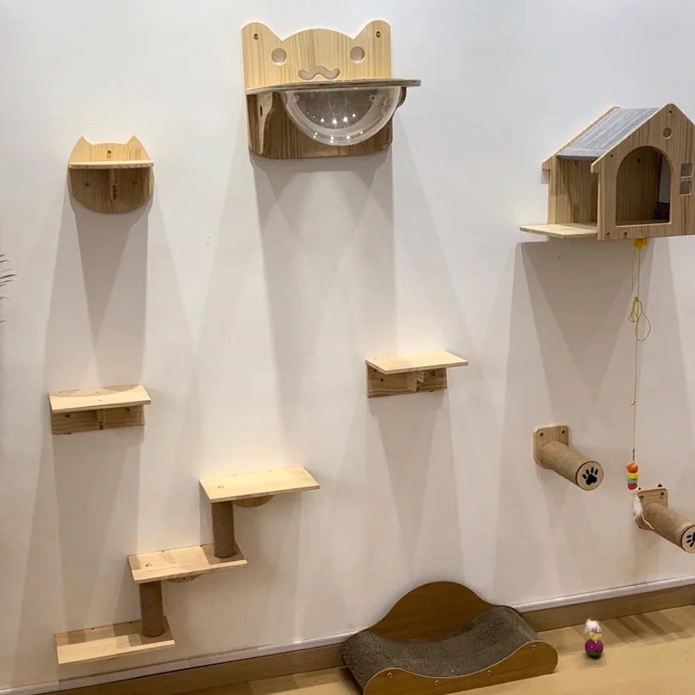 Wooden Cat Tree Tower Cat Climbing Scratching Post Stairs Hammock Hiding House Indoor Playground Cat Walkway Wall Pet Furniture