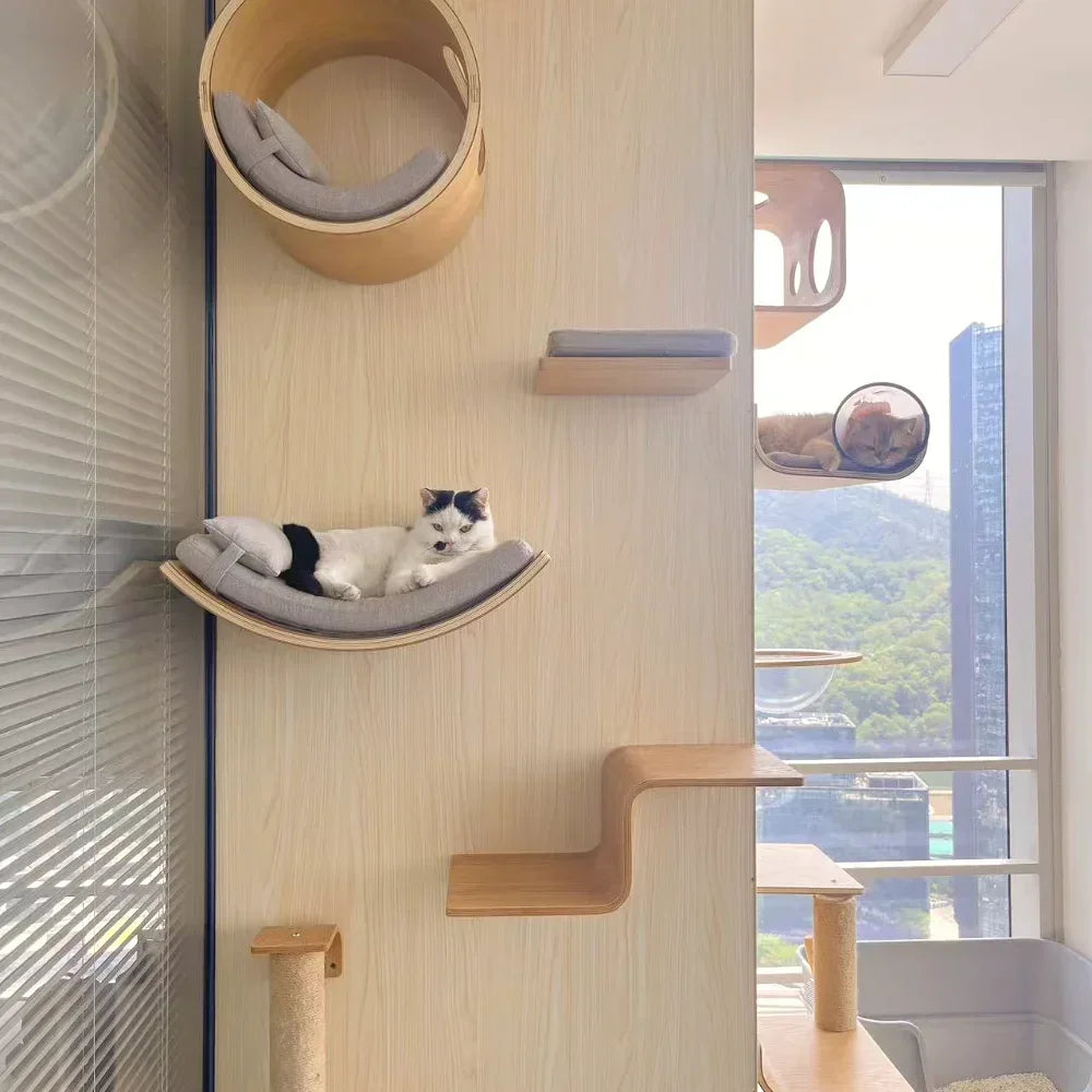 Wall-Mounted Wooden Cat Shelves with Sisal Post & Hammock