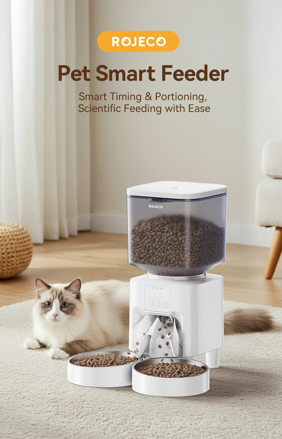 ROJECO 4.5L Auto Dog Feeder – WiFi App, Smart Kibble Dispenser for Cats & Dogs