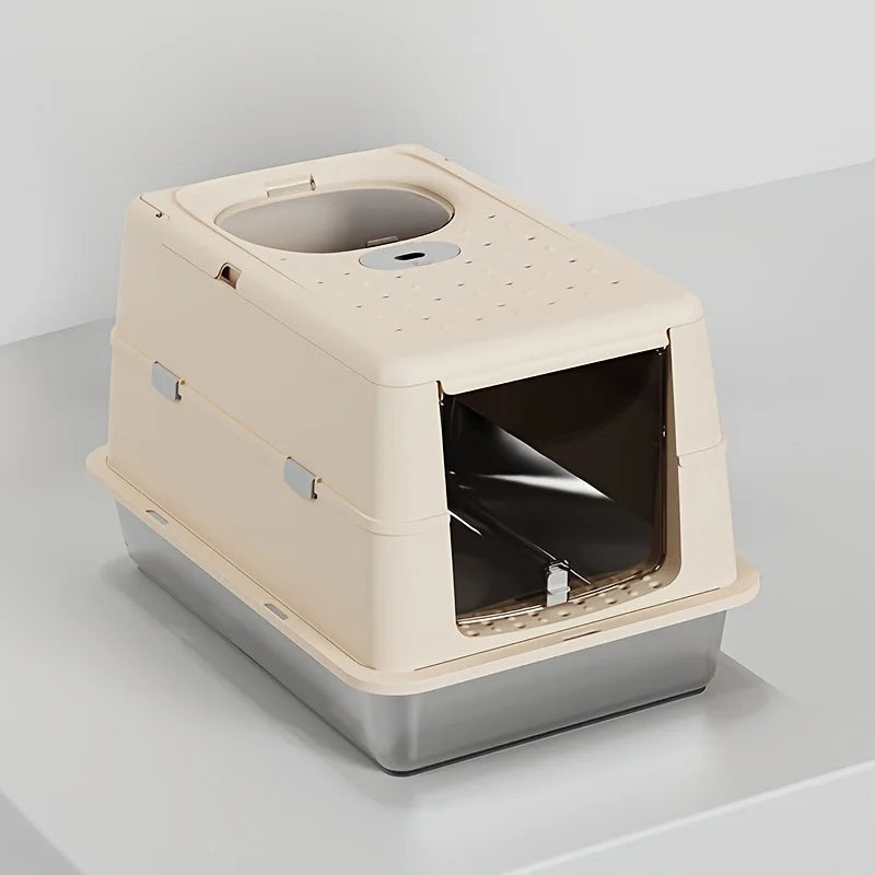 Stainless Steel Cat Litter Box – Flip Cover, Non-Slip Mat
