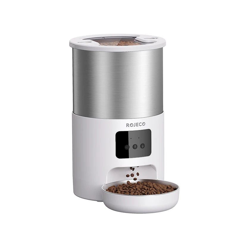 ROJECO Stainless Steel Auto Cat Feeder – WiFi App, Voice Recorder, Smart Dispenser