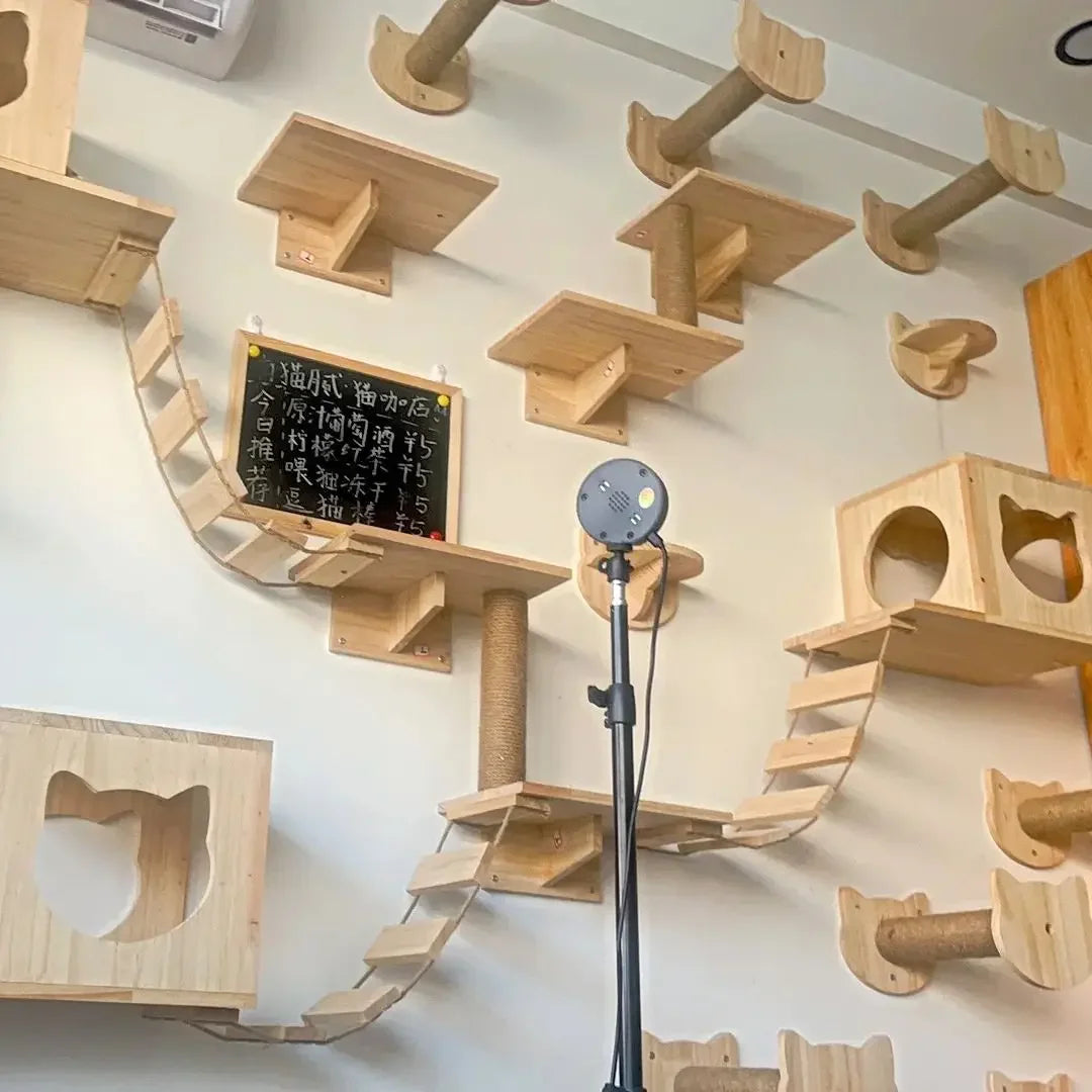 Wooden Cat Tree Tower Cat Climbing Scratching Post Stairs Hammock Hiding House Indoor Playground Cat Walkway Wall Pet Furniture