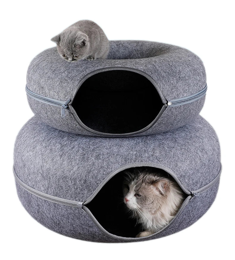 Round Felt Cat Tunnel Donut Bed with Scratcher