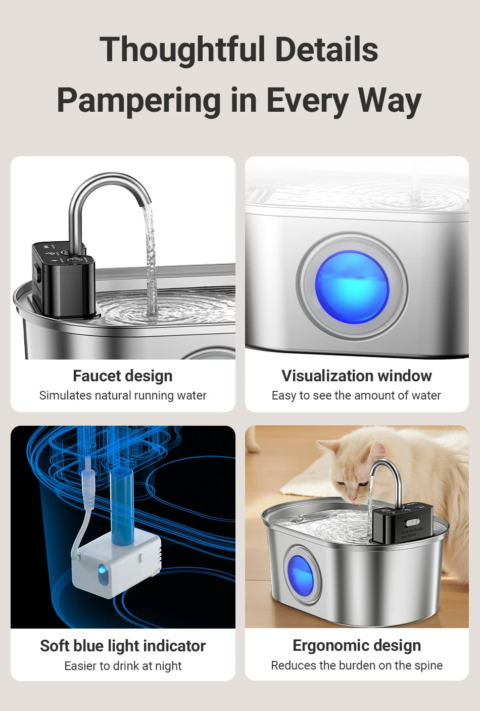 ROJECO 3.2L Stainless Steel Cat Water Fountain – Wireless Sensor, 4000mAh Battery