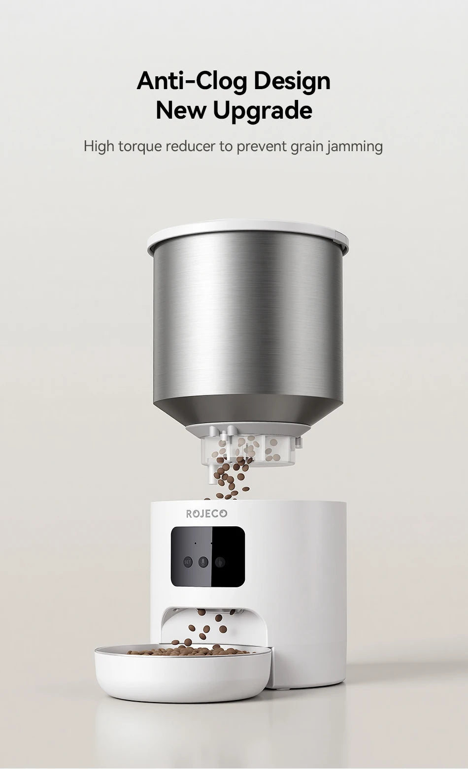 ROJECO Stainless Steel Auto Cat Feeder – WiFi App, Voice Recorder, Smart Dispenser