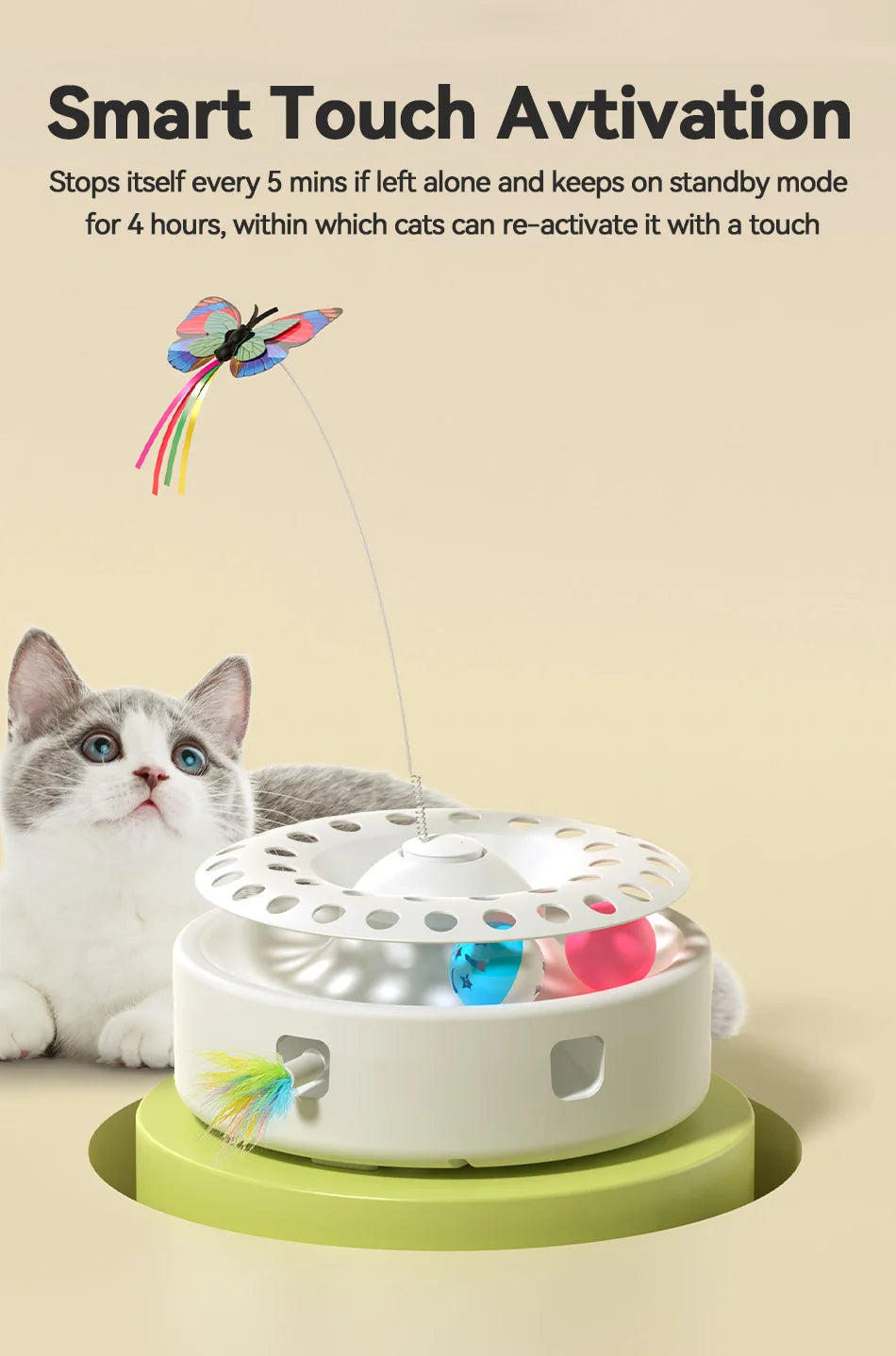 ROJECO 3-in-1 Auto Cat Toy – Butterfly Teaser, Track Balls & Ambush Feather