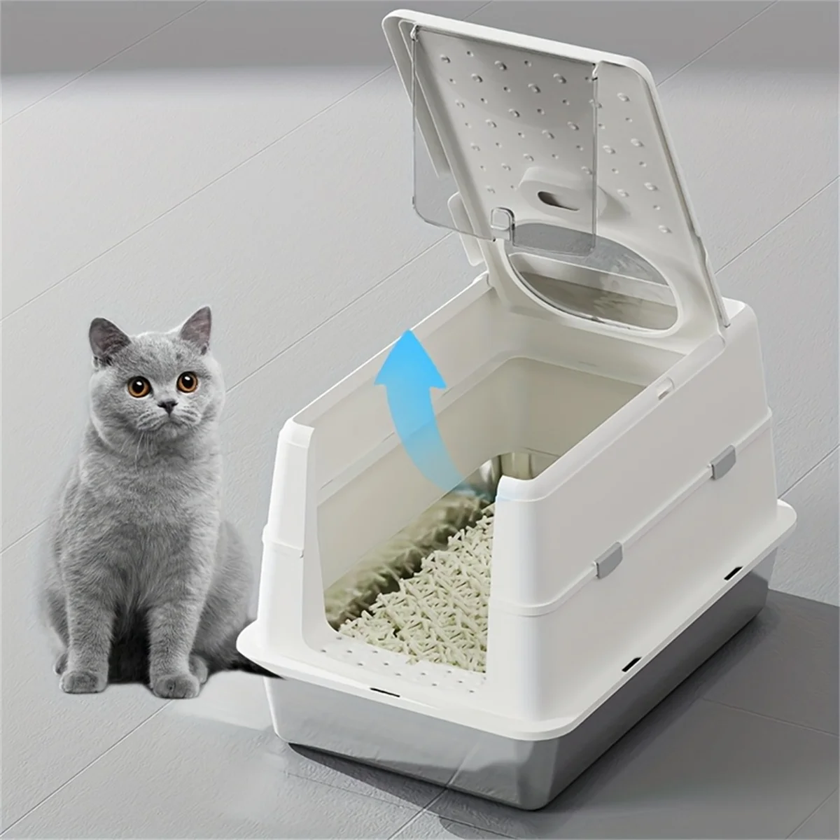 Stainless Steel Cat Litter Box – Flip Cover, Non-Slip Mat