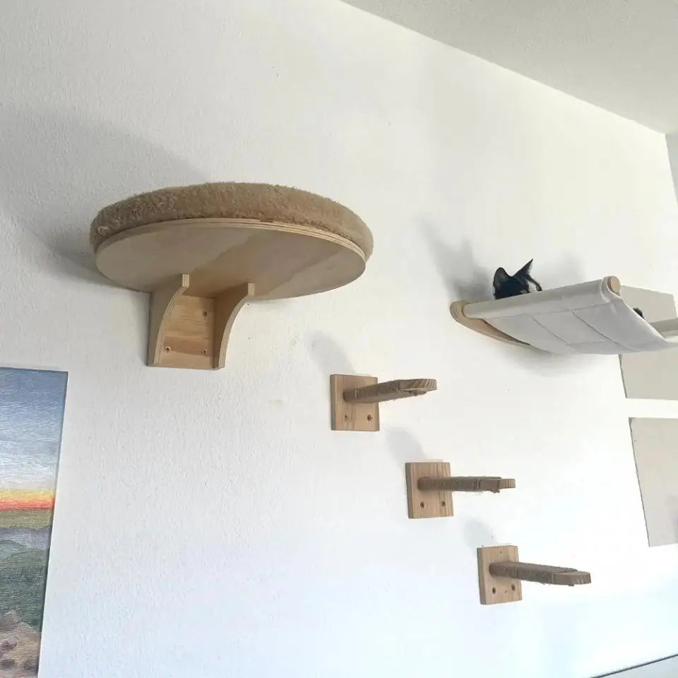 Solid Wood Wall-Mounted Cat Climbing Tower with Hammock