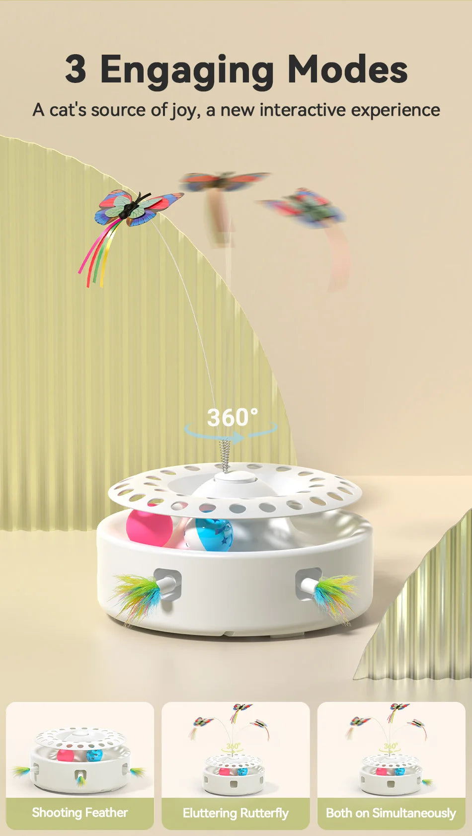 ROJECO 3-in-1 Auto Cat Toy – Butterfly Teaser, Track Balls & Ambush Feather