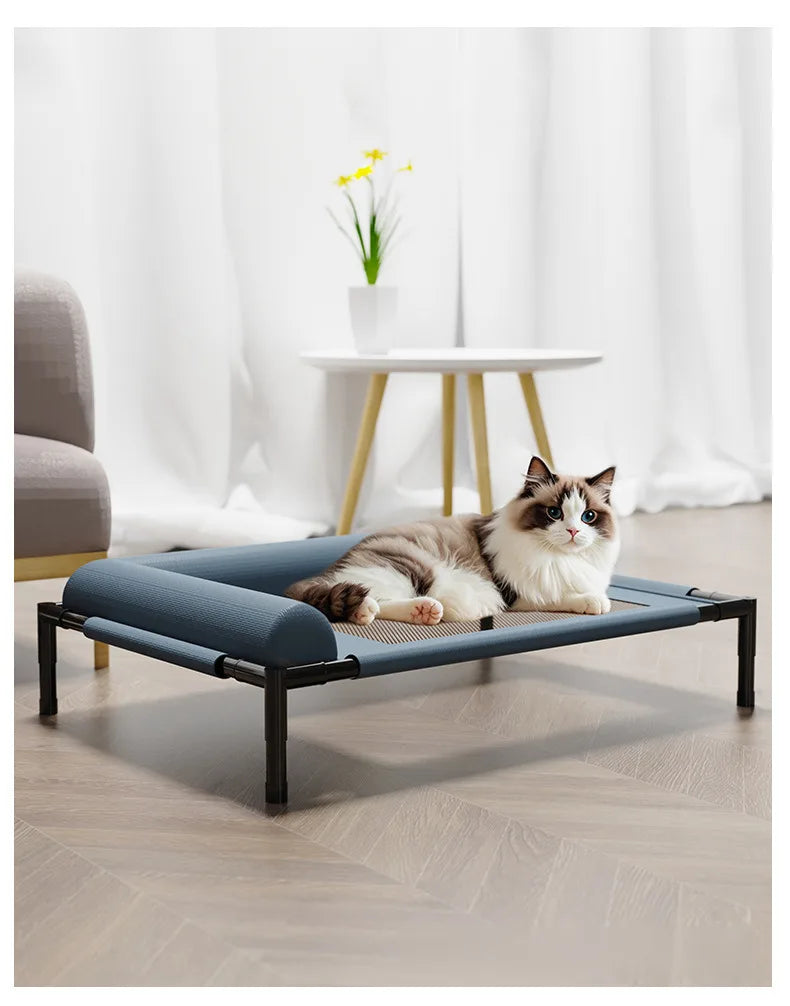 Waggy Tail elevated breathable mesh pet bed with moisture-proof design, large off-ground camp bed for dogs and cats.