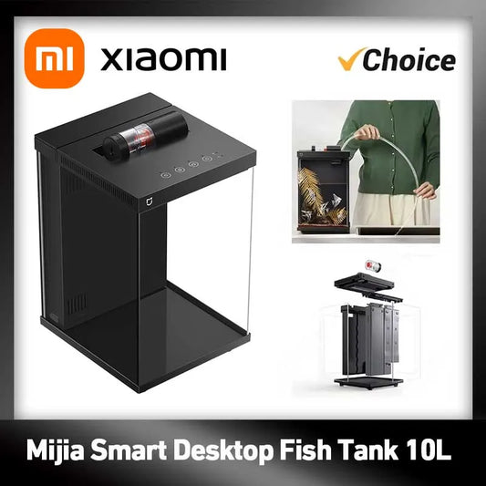 Xiaomi Mi Smart Desktop Fish Tank 10L with professional filtration and remote feeding app, featuring clear glass and aquatic plants.