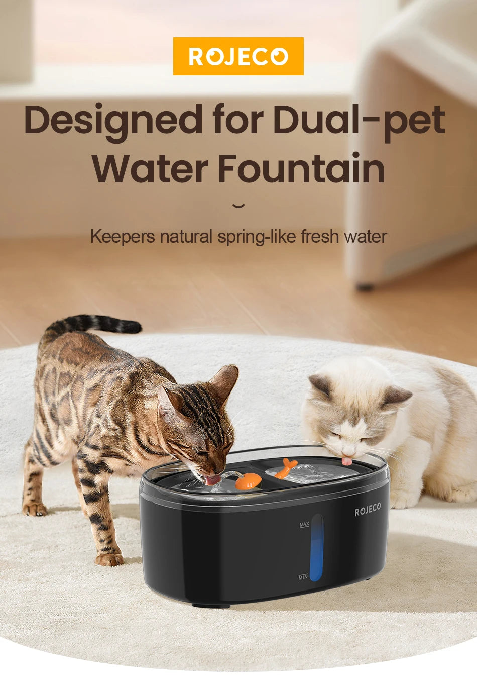 ROJECO 2.5L Cat Water Fountain – Smart Dual Bowl Drinker for Multiple Cats & Kittens