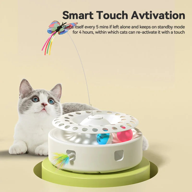 ROJECO 3-in-1 Auto Cat Toy – Butterfly Teaser, Track Balls & Ambush Feather