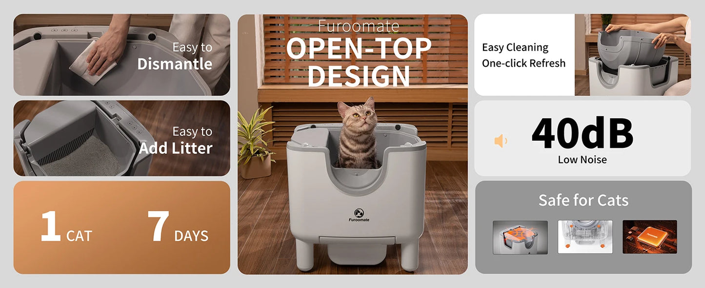 Waggy Tail smart self-cleaning open-top cat litter box with odor control and safety sensors, featuring a modern design.