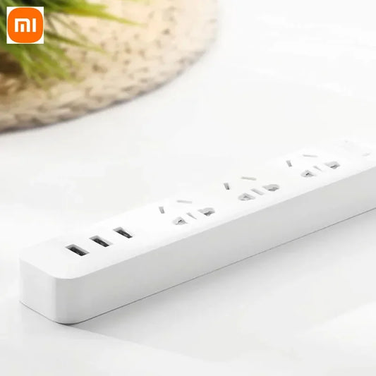 Xiaomi Smart Power Strip with 3 electrical sockets and 3 USB ports for fast charging, featuring a sleek black design.
