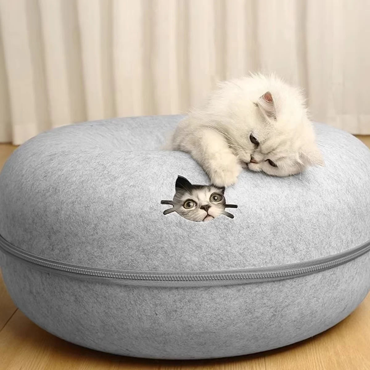 Round Felt Cat Tunnel Donut Bed with Scratcher