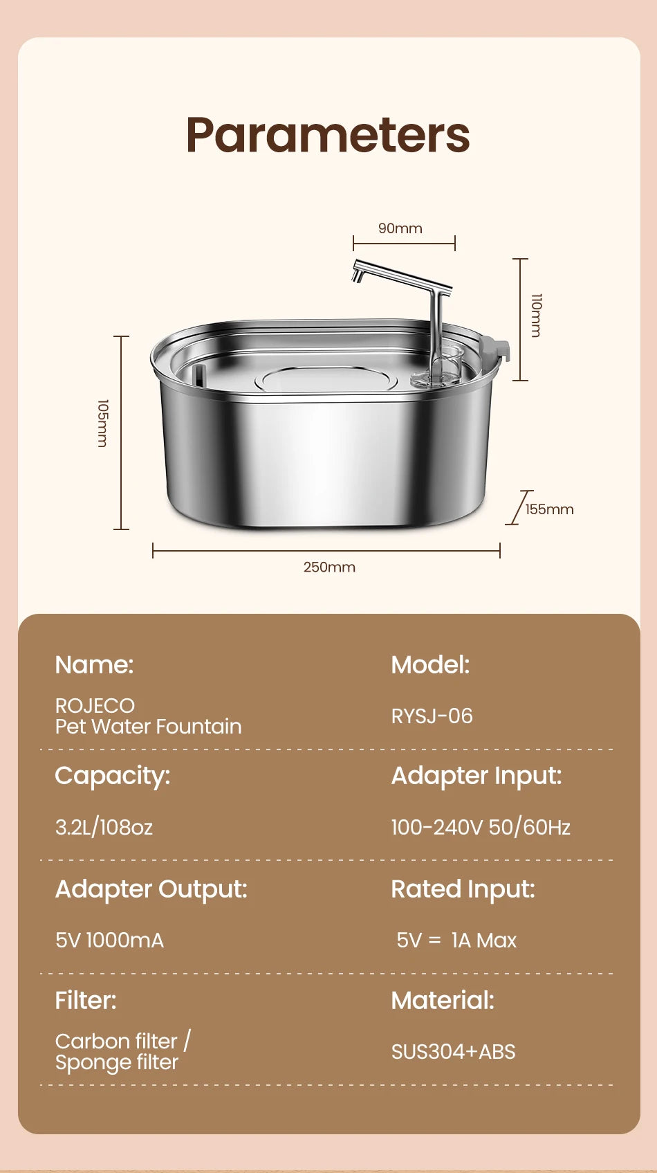 ROJECO Stainless Steel Cat Water Fountain – Auto Drinker with Pump for Cats & Dogs