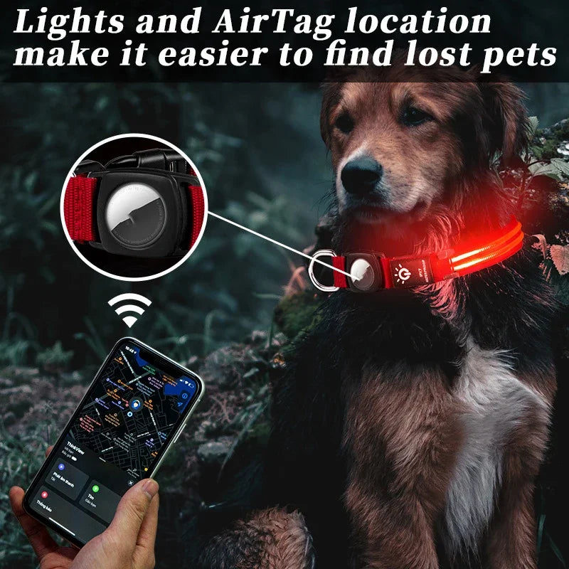 LED Luminous Pet Collar with AirTag Sleeve – Waterproof