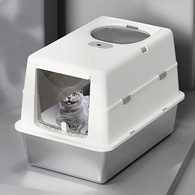Stainless Steel Cat Litter Box – Flip Cover, Non-Slip Mat