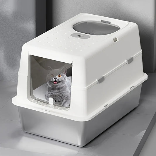 Stainless Steel Cat Litter Box – Flip Cover, Non-Slip Mat