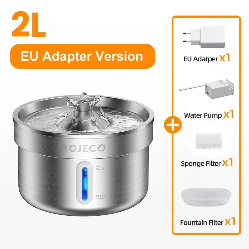 ROJECO Stainless Steel Pet Water Fountain – Smart Dispenser with Pump for Cats & Dogs