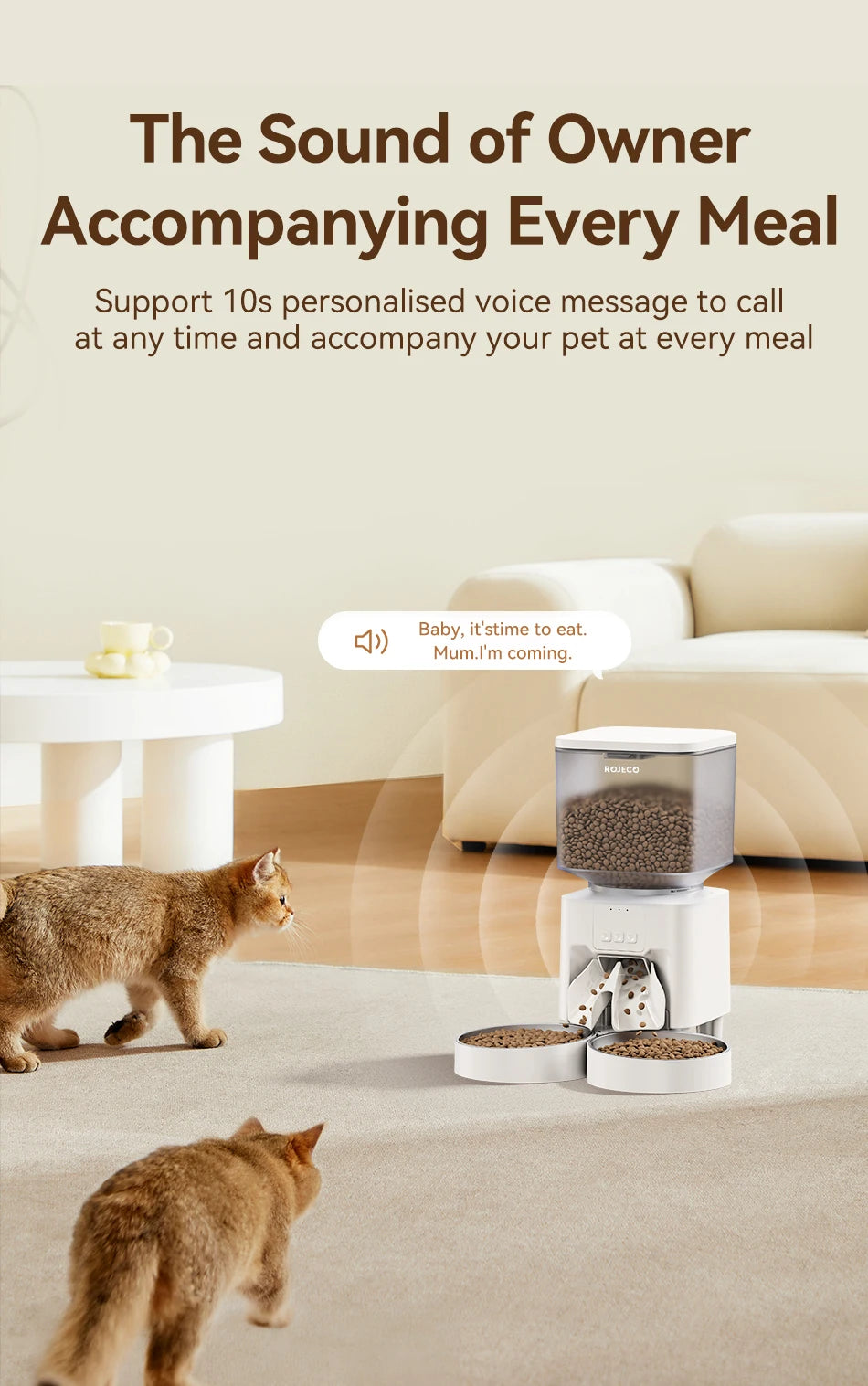 ROJECO 4.5L Auto Dog Feeder – WiFi App, Smart Kibble Dispenser for Cats & Dogs