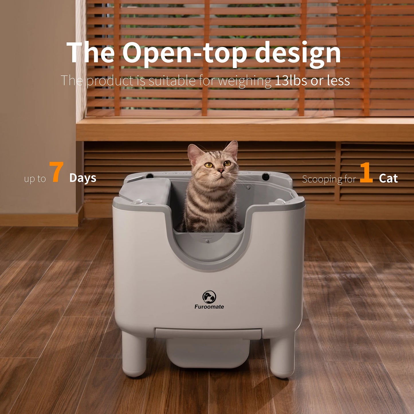 Waggy Tail smart self-cleaning open-top cat litter box with odor control and safety sensors, shown with clean design and open top.