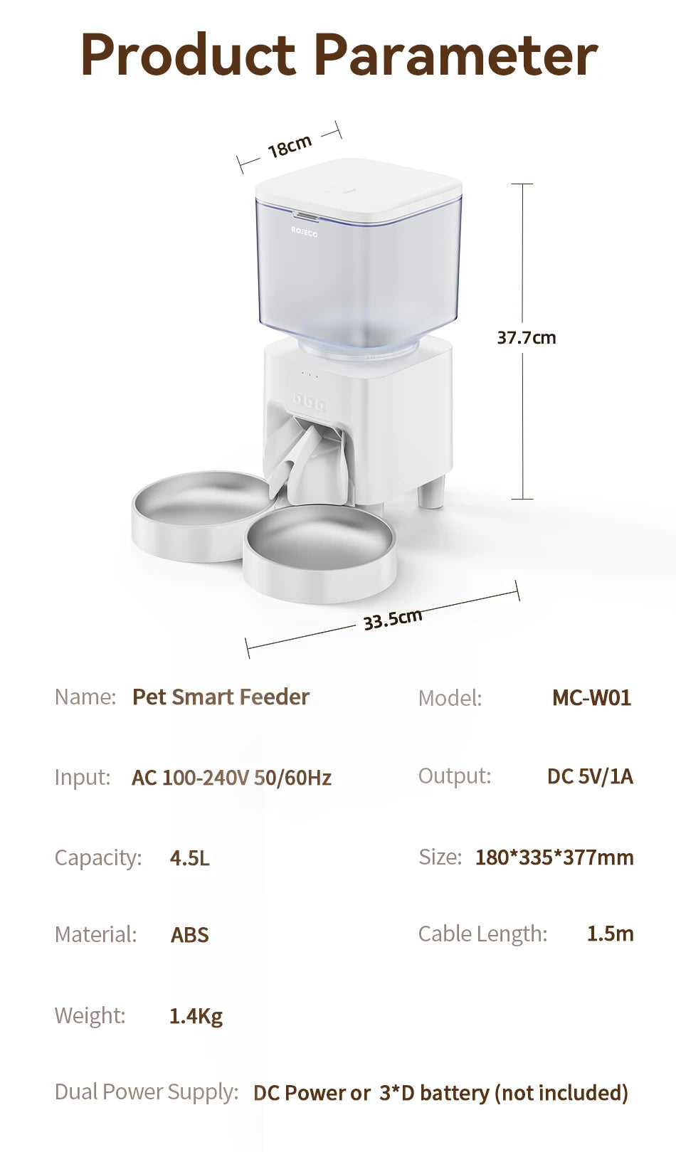 ROJECO 4.5L Auto Dog Feeder – WiFi App, Smart Kibble Dispenser for Cats & Dogs