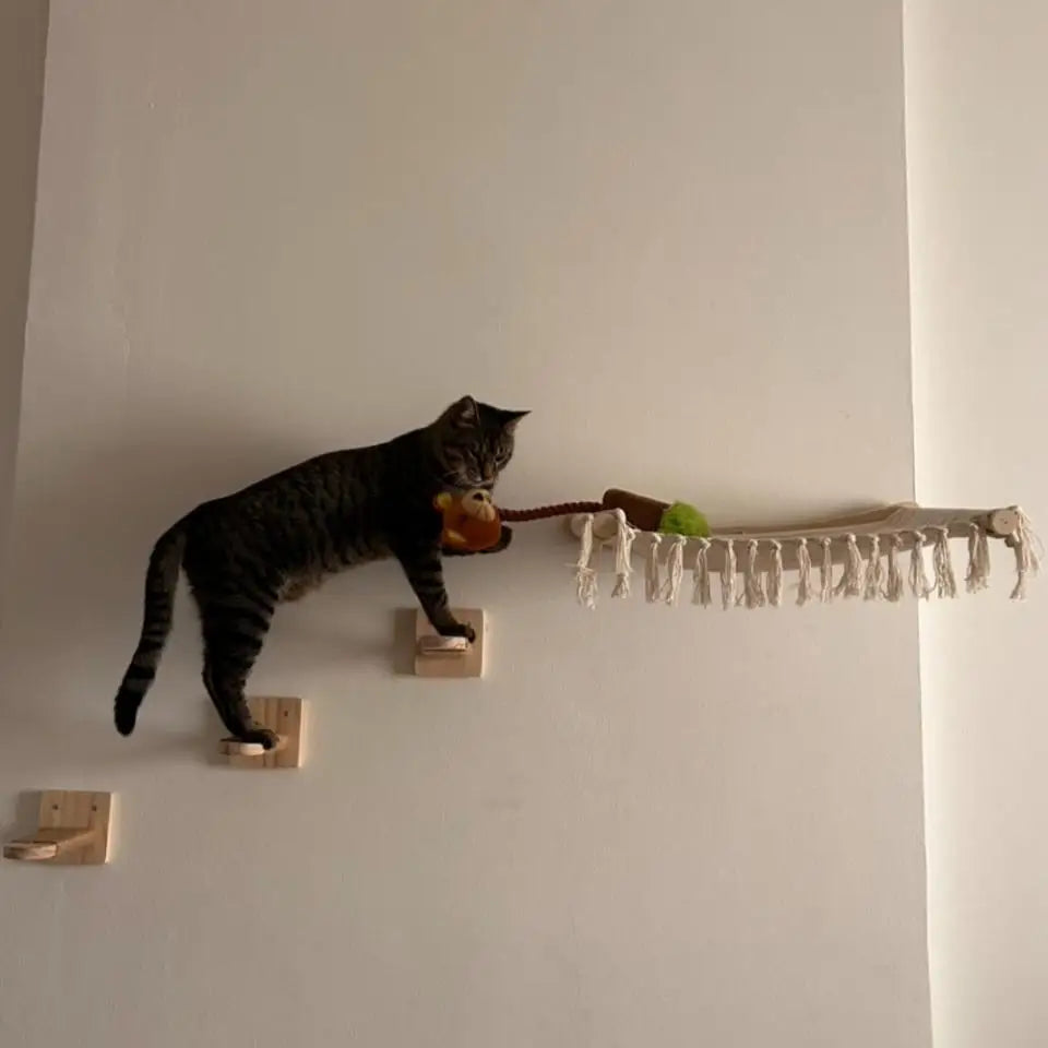 Solid Wood Wall-Mounted Cat Climbing Tower with Hammock