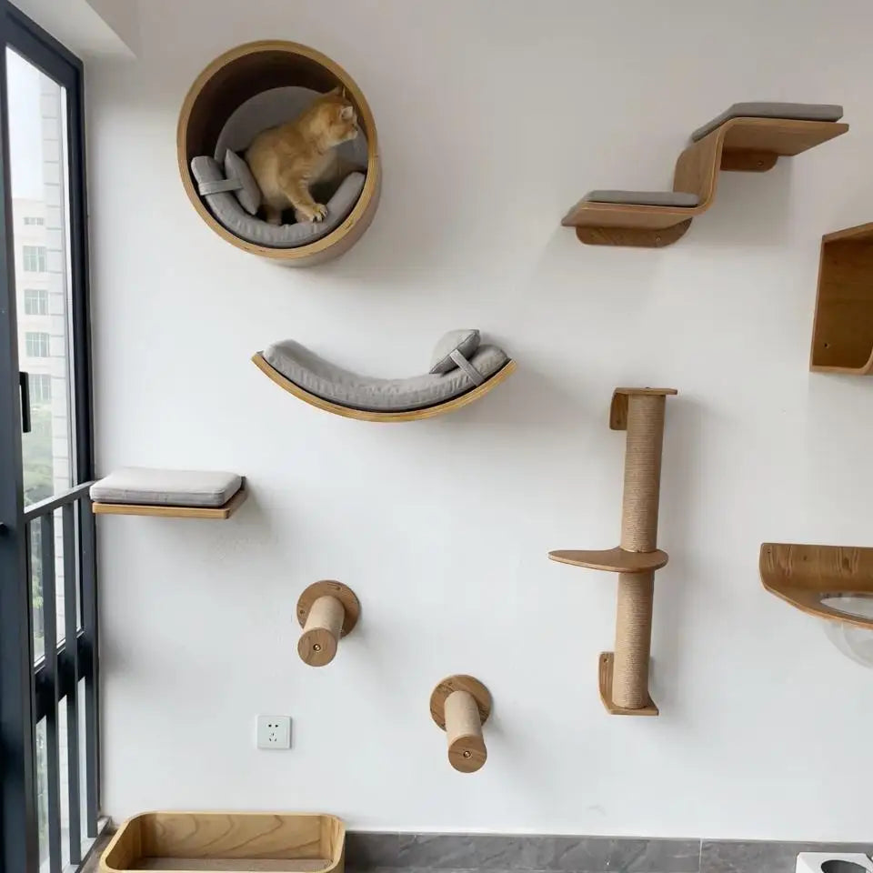 Wall-Mounted Wooden Cat Shelves with Sisal Post & Hammock