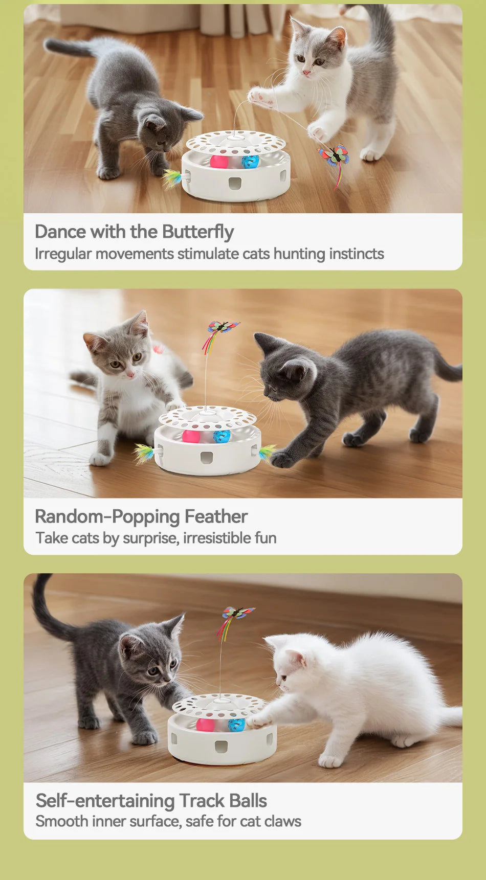 ROJECO 3-in-1 Auto Cat Toy – Butterfly Teaser, Track Balls & Ambush Feather