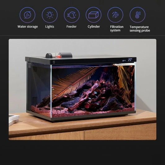 Xiaomi Mijia Smart Fish Tank MYG100 with app-controlled feeding, smart lighting, and filtration system in a modern aquarium setup