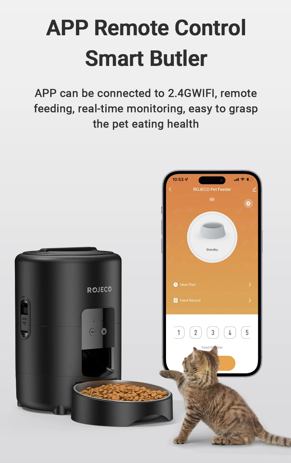 ROJECO 2L Auto Cat Feeder – WiFi App, Voice Recorder, Timed Kibble Dispenser