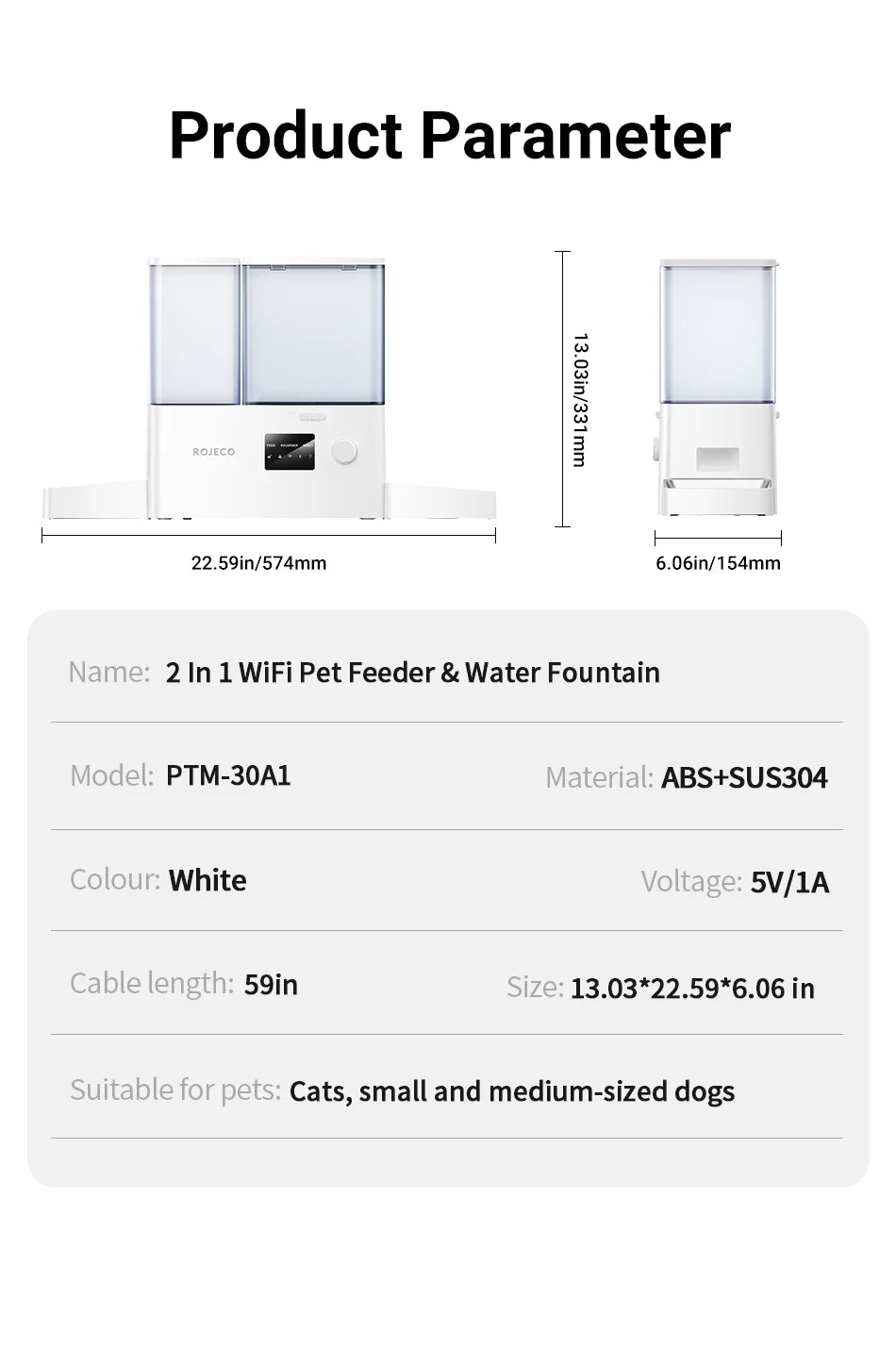 ROJECO 8.5L Auto Pet Feeder & 3.5L Water Fountain – WiFi App, Gravity Drinker