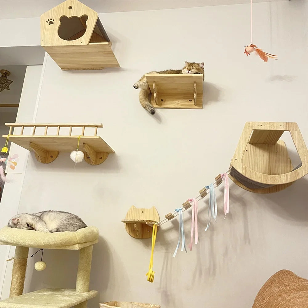Wall-Mounted Cat Climbing Shelves with Hammock & Steps
