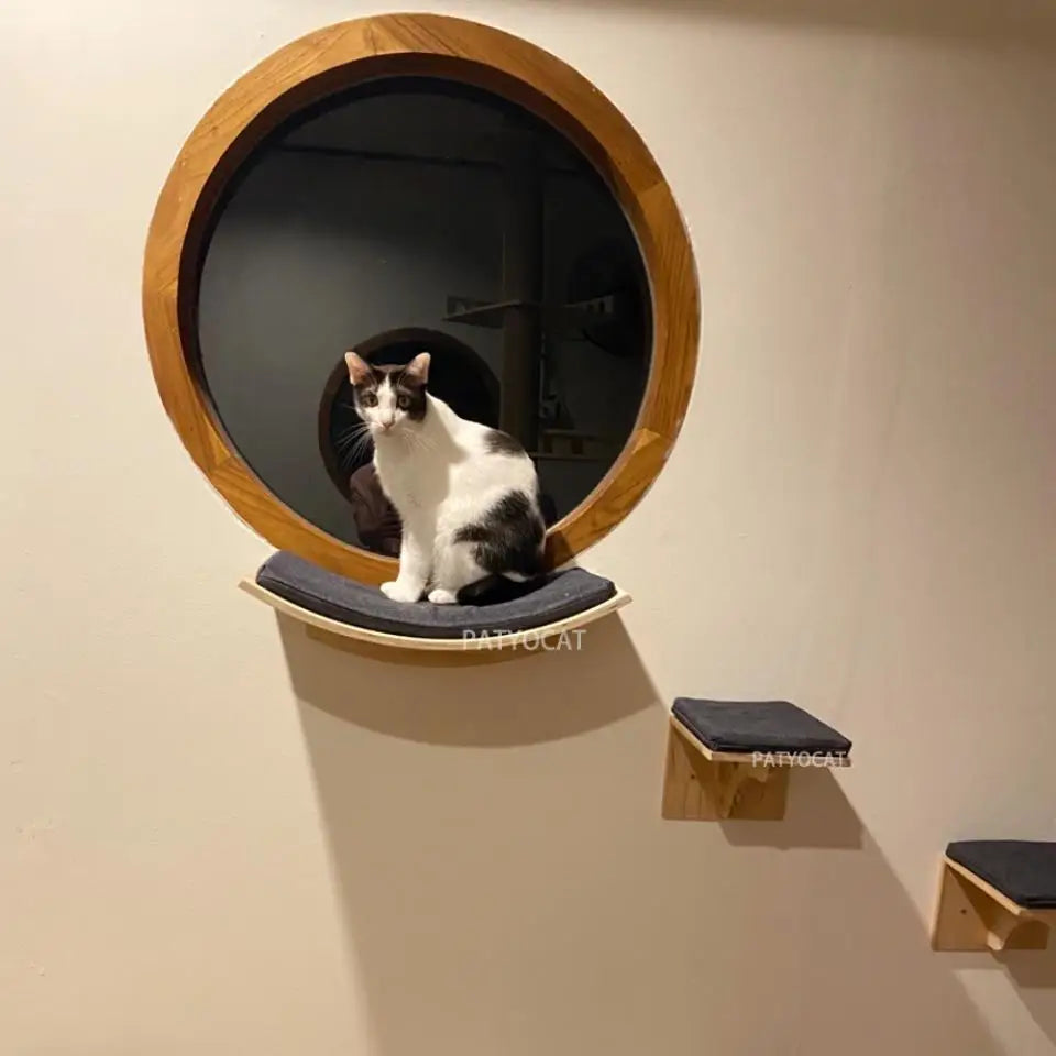 Solid Wood Wall-Mounted Cat Climbing Tower with Hammock