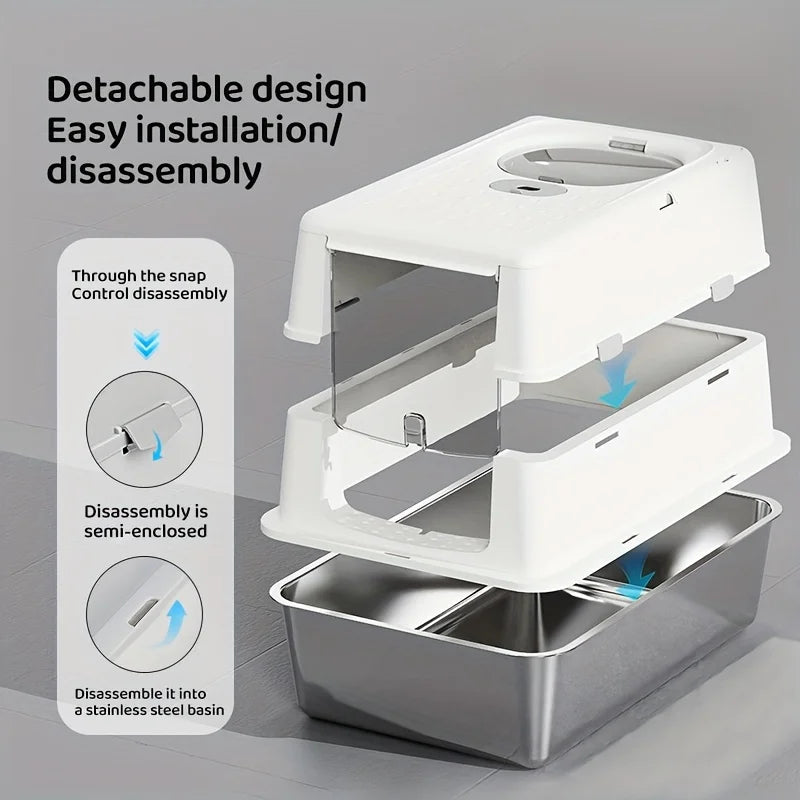 Stainless Steel Cat Litter Box – Flip Cover, Non-Slip Mat