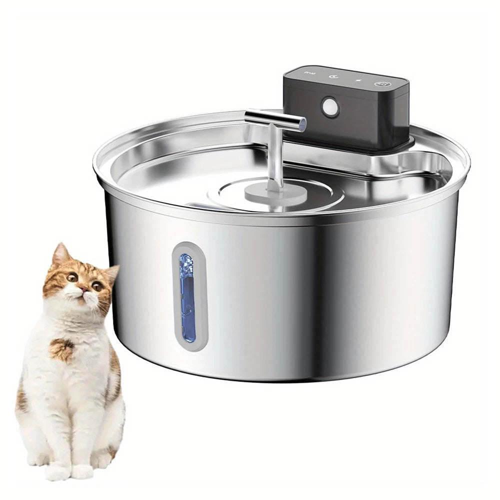 Wireless stainless steel cat water fountain with 3.2L capacity, auto filtration, and 4000mAh battery by Waggy Tail.