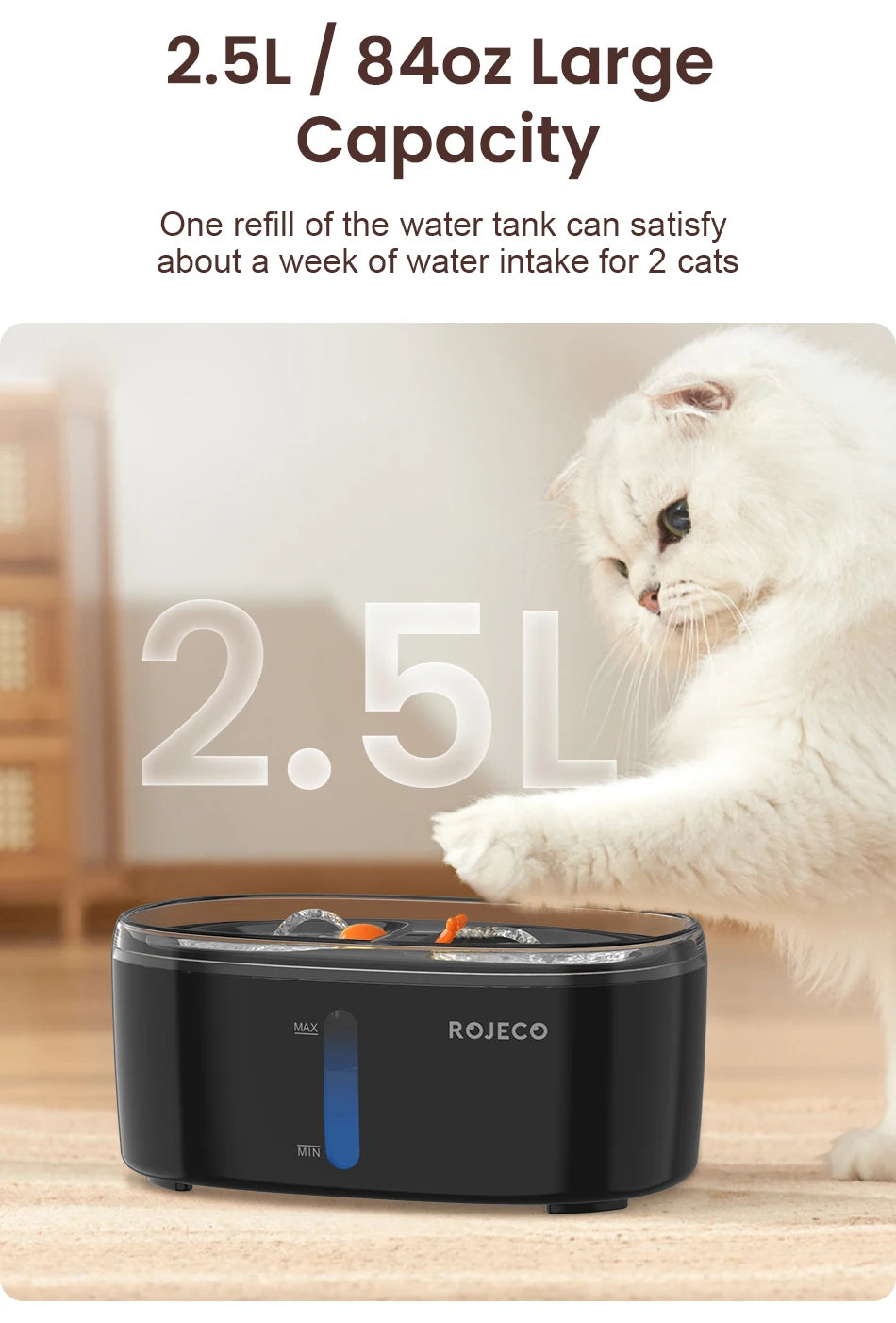 ROJECO 2.5L Cat Water Fountain – Smart Dual Bowl Drinker for Multiple Cats & Kittens