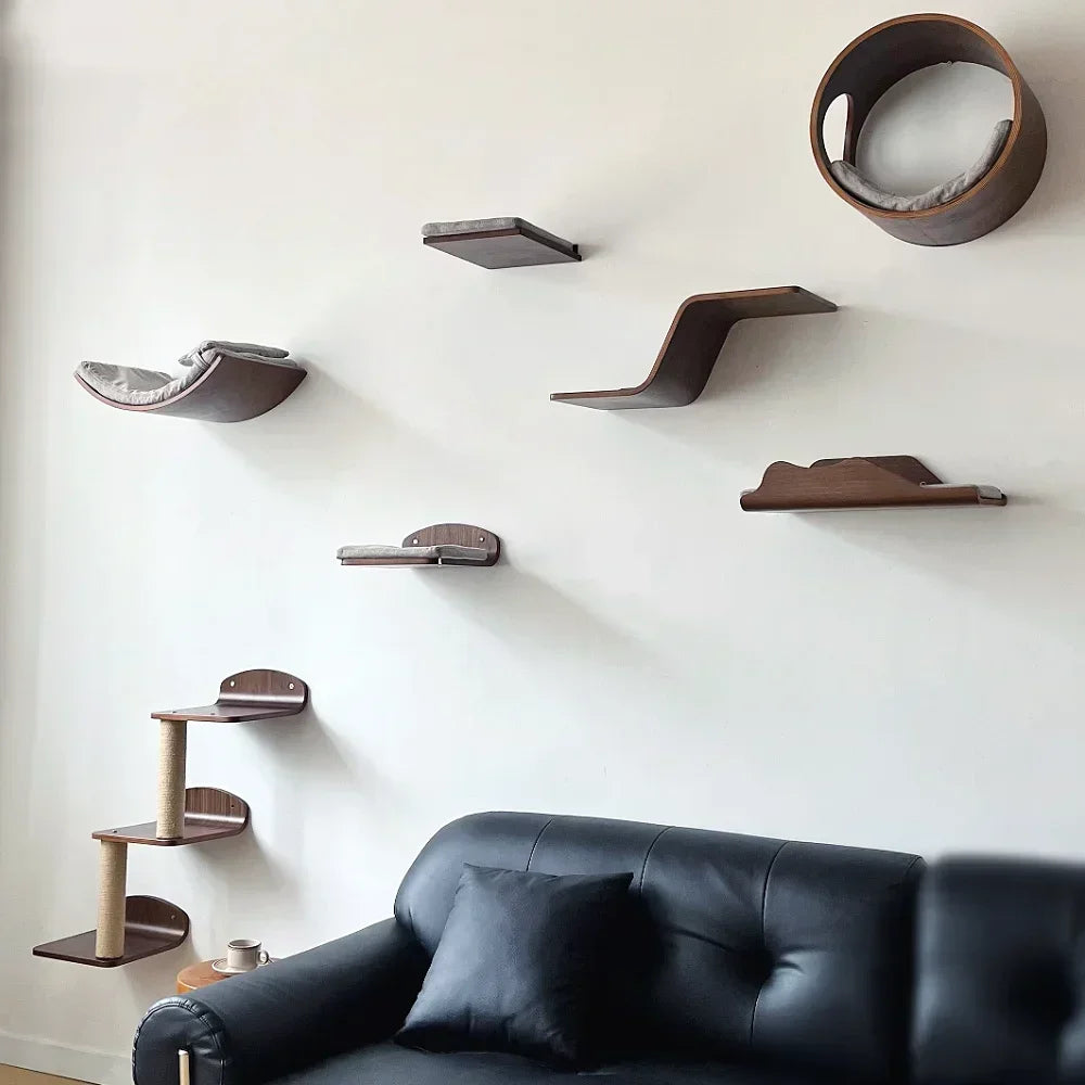 Solid Wood Wall-Mounted Cat Climbing Tower with Hammock