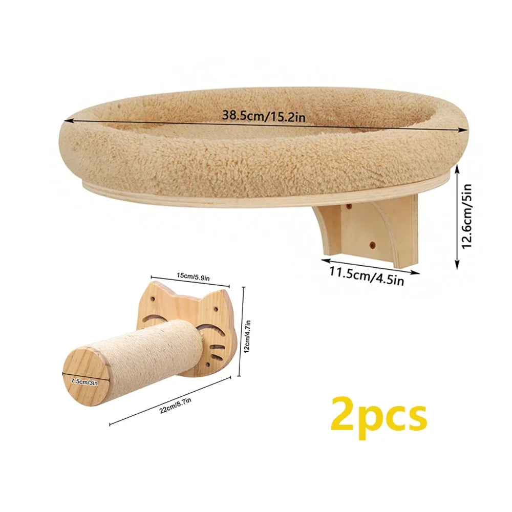 Wooden Cat Tree Tower Cat Climbing Scratching Post Stairs Hammock Hiding House Indoor Playground Cat Walkway Wall Pet Furniture