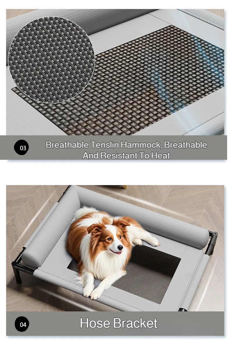 Waggy Tail elevated breathable mesh pet bed with moisture-proof design, large off-ground camp bed for dogs and cats.