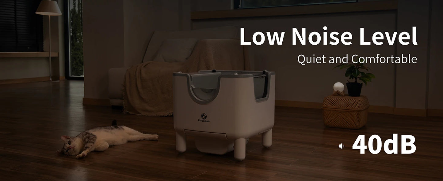 Waggy Tail smart self-cleaning open-top cat litter box with odor control and safety sensors, designed for easy pet maintenance.