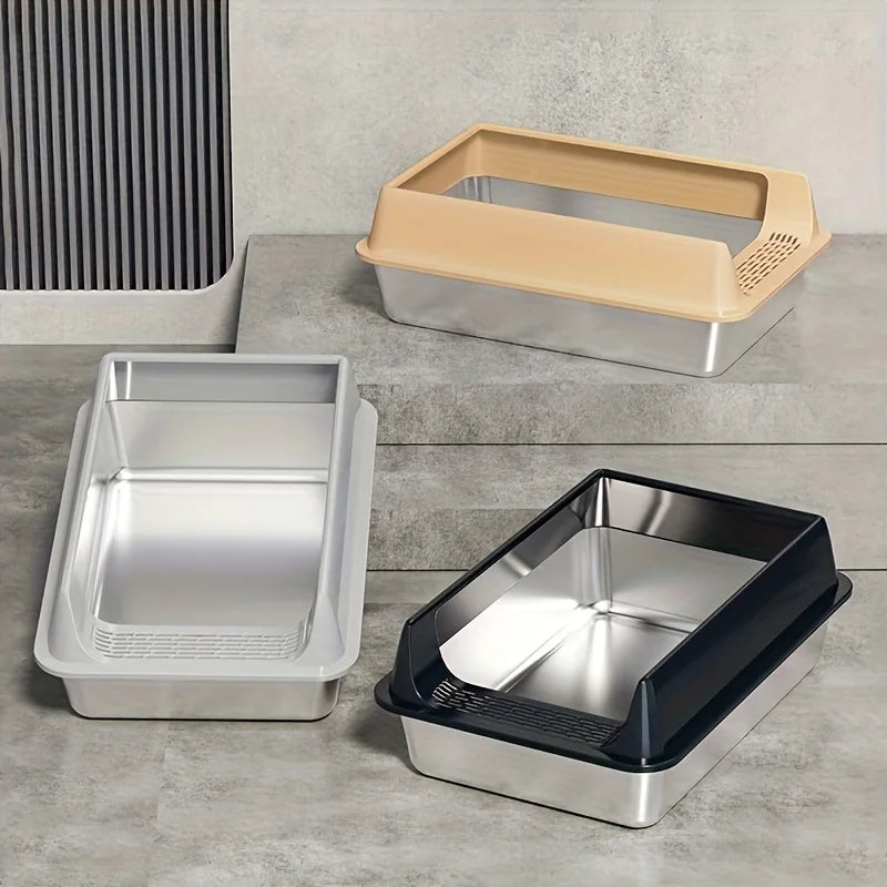 Stainless Steel Cat Litter Box – Semi-Enclosed, Splash-Proof