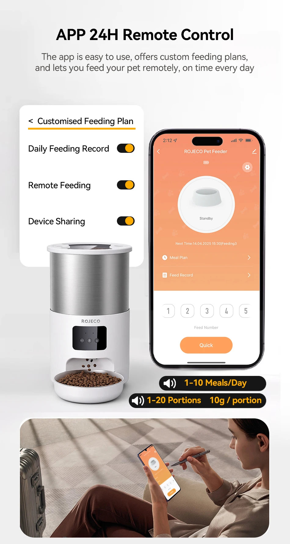 ROJECO Stainless Steel Auto Cat Feeder – WiFi App, Voice Recorder, Smart Dispenser