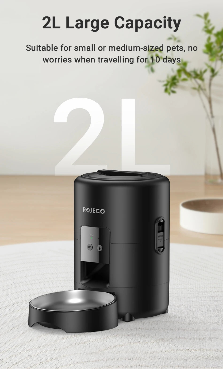 ROJECO 2L Auto Cat Feeder – WiFi App, Voice Recorder, Timed Kibble Dispenser