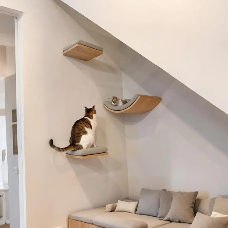 Wall-Mounted Wooden Cat Shelves with Sisal Post & Hammock